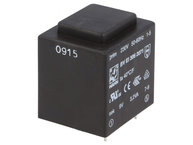 Transformator: ingegoten; 3,2VA; 230VAC; 9V; 356mA; PCB; BVEI Transformator: ingegoten; 3,2VA; 230VAC; 9V; 356mA; PCB; BVEI